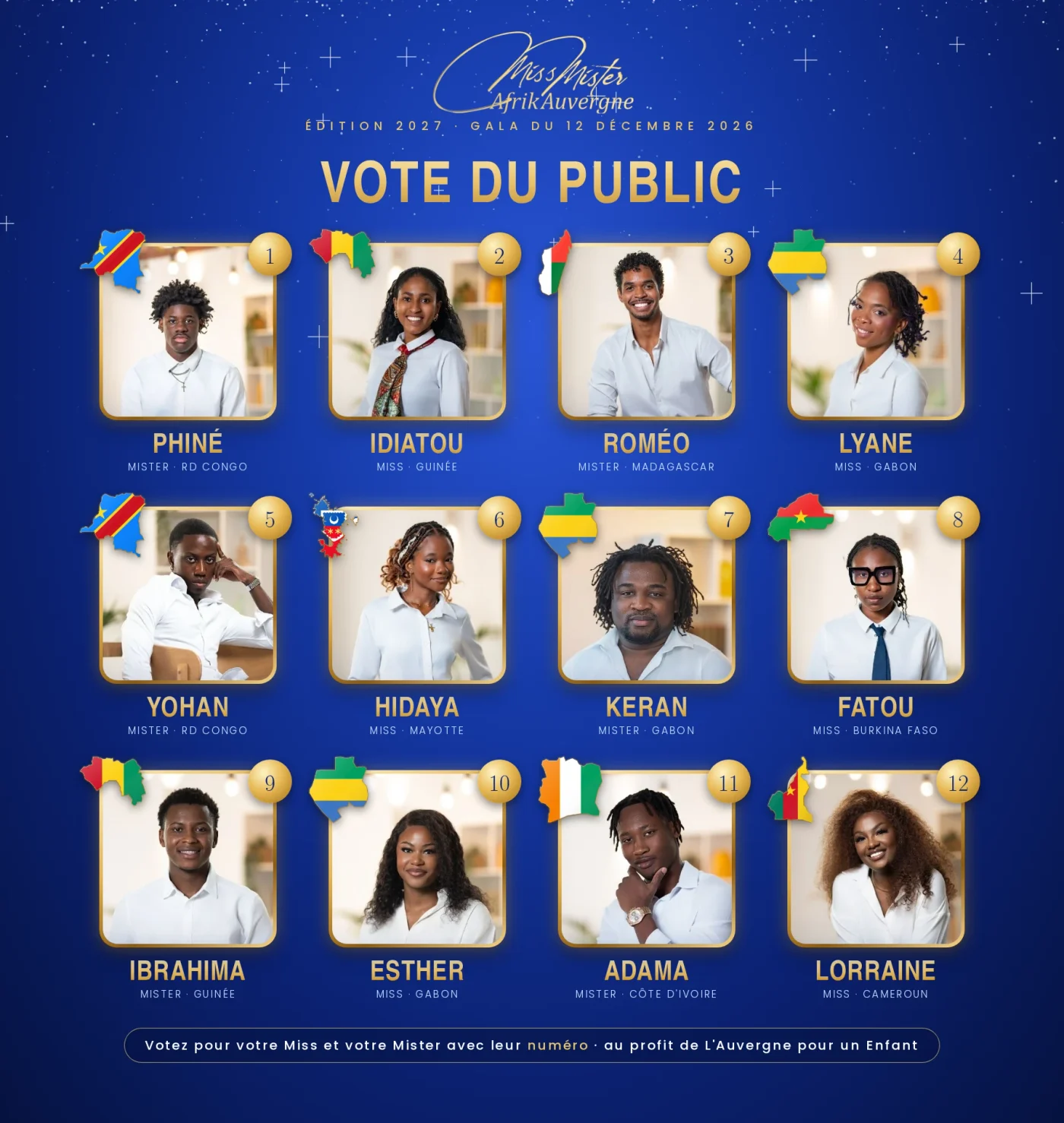 Vote du public Miss & Mister Afrik'Auvergne : les 12 candidats, numérotés de 1 à 12, avec leur pays